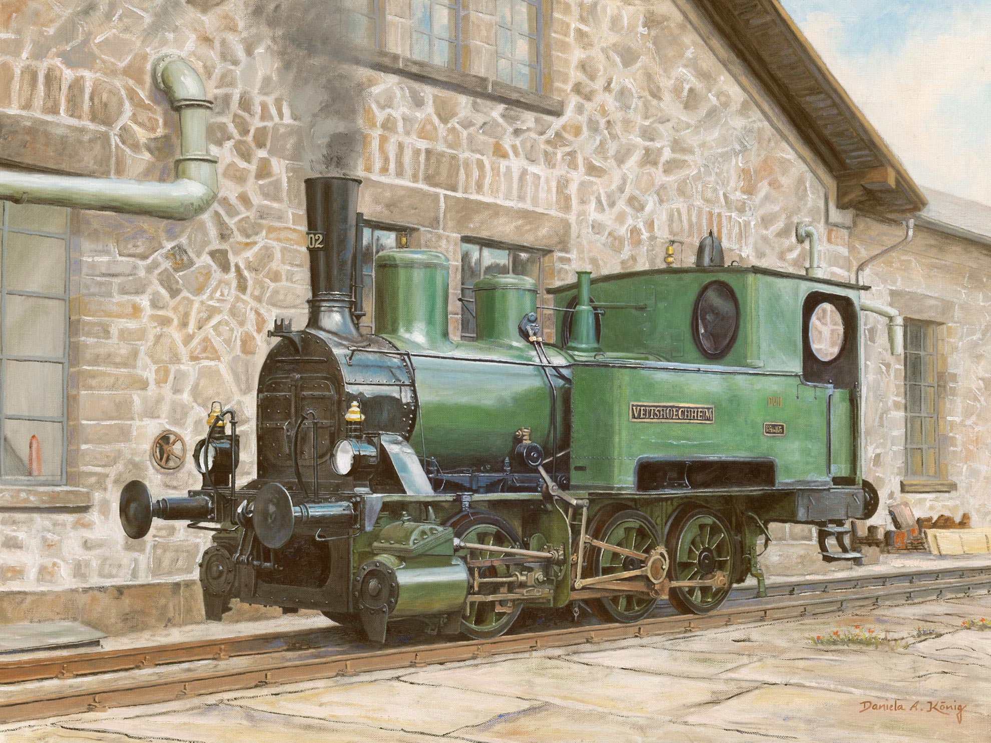 Dampflok Veitshöchheim - Bayerische Lokalbahnlokomotive D VII 102 (später DRG 98 7607) Vor Historischem Lokschuppen - 60 X 80 Cm - Öl Auf Leinen