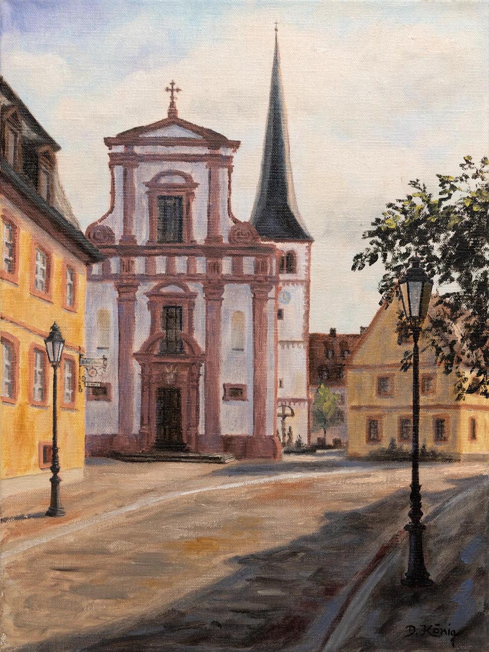 Veitshöchheim Kirchstrasse Mit Pfarrkirche St. Vitus - 30 X 40 Cm - Öl Auf Leinen